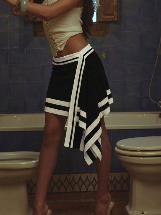 Dresses & Skirts - Black Casual Women's Asymmetrical Wrap Striped Mini Skirt